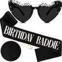 Birthday Baddie Sash and Sunglasses for Women, Black BIRTHDAY BADDIE Sash with Silver Foil for Girl, Happy Funny Birthday Decorations Baddie Accessories for Women Men Party Favors Supplies