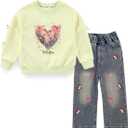 Peacolate Spring Fall Clothingsets Kid Little&Big Girls Pullover Long Sleeve T Shirt and Embroider Butterfly Jeans, 4-5T