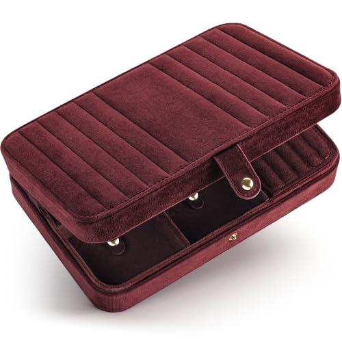 VELORIA Velvet Travel Jewelry Box Organizer, Jewelry Case with 8 Snap Clasps for Necklaces, Ring & Earring Storage, Compact Jewelry Organizer for Bracelets and Bangles, Dark Red