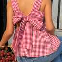 WDIRARA Women's Linen Tie Back Tank Top Square Neck Plaid Peplum Babydoll Tops (Red, M)