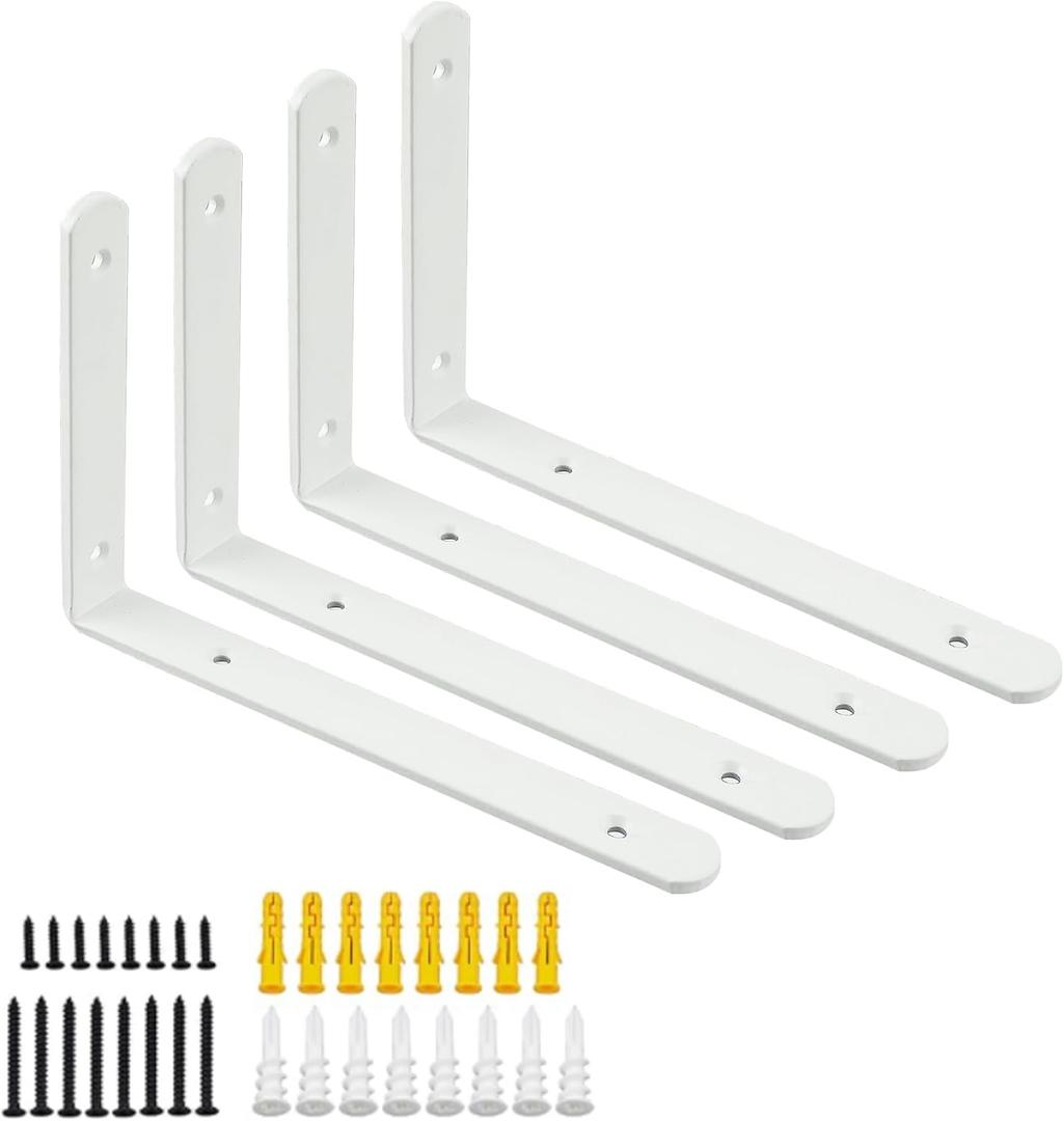 Mooche 4Pack Floating Shelf Brackets, Heavy Duty Metal L Brackets Wall Mounted Corner Brace Angle Bracket for Wood Shelves, with Screw Included (White, 8.08*5.72 Inch)