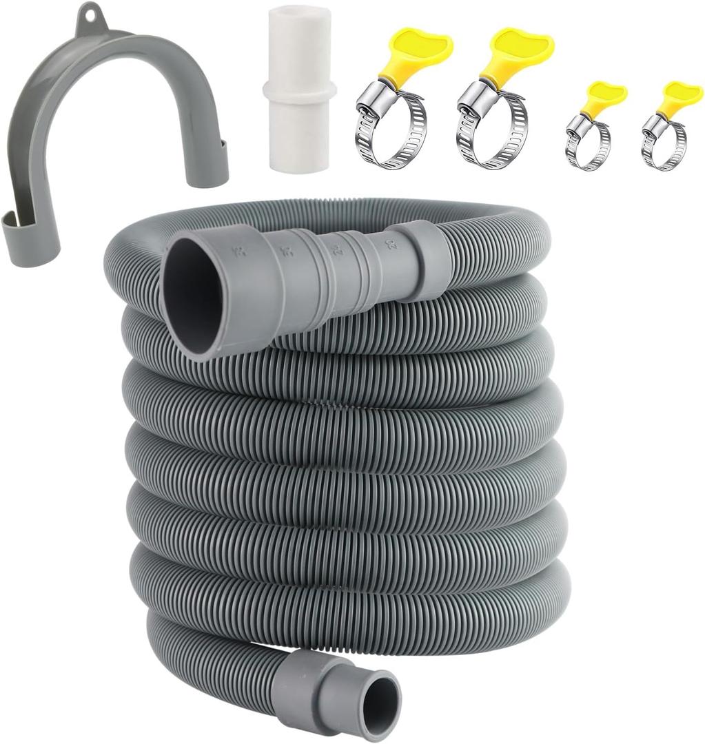 16.4 FT Universal Washing Machine Drain Hose, Drain Hose Extension Kit for Washer, Dishwasher, Dryers, Dehumidifier with 4 Hose Clamps, 1 U-Holder, 1 Adapter, Fit for 0.79-1.5 inch Drain Outlet