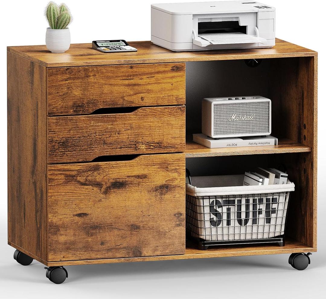 DUMOS File Cabinet with 3 Drawers, Wood Under Desk Storage Printer Stand Rolling Lateral Filing Cabinet with Adjustable Shelves for Home Office Study Organization,Rustic, Size: 30.8"W x 15"D x 24.8"H