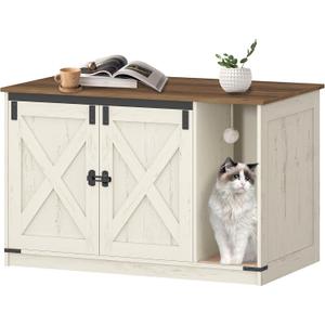 Cat Litter Box Enclosure, Hidden Litter Box Cabinet Furniture with Bell, Indoor Cats House, Farmhouse Style, 39.4 x 21.7X 24.8 Inches for Hallway, Bedroom, Rustic Brown and White CB85214X