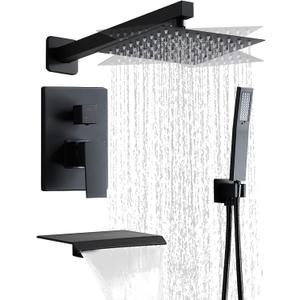 Matte Black Shower Faucet Set with Tub Spout 10 Inch, Shower Head and Handle with 2 Hooks, Tub and Shower Faucet Combo, Rain Shower and Handheld Shower System Square Wall Mount for Bathroom