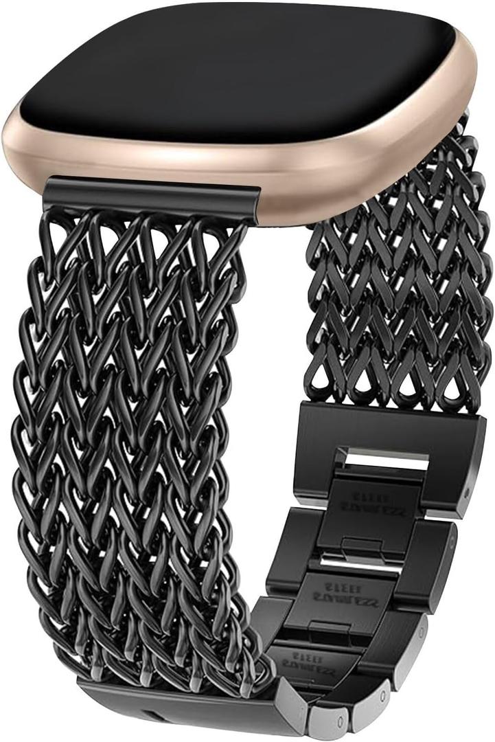 Metal Band Compatible for Fitbit Versa 2/1/Lite/SE, 22mm Dressy Stainless Steel Chain Strap Designer Wristband for Fitbit Versa Smartwatch (Black)