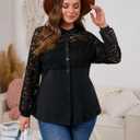 Plus Size Blouse for Women - Elegant Lace Flowy Tunic Tops Dressy Casual Long Sleeve Button Down Shirts (Black, XXL)