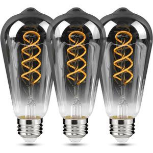 E26 ST64 Vintage Edison Light Bulbs, Smoky Grey Coated Glass, Dimmable, 4W(20W Equivalent) 200 Lumin, 2700K Soft White, Spiral Filaments Design, Antique Style, 25000 Hrs, 3-Pack