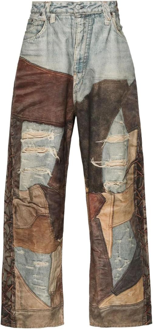 Angsuttc Womens High Waisted Wide Leg Pants 3D Digital Print Baggy Fit Elastic Waist Y2K Street Style Lounge Pants (Medium, Brown Denim)