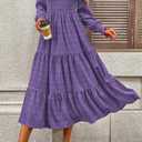CFLONGE Women's Fall Dresses 2025 Puff Long Sleeve Square Neck Dress High Waist Smocked A-Line Flowy Wedding Party Maxi Dress (Purple, XL)