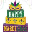 2 x Thyle 4 Pcs Mardi Gras Table Decorations Wooden Table Centerpieces Mask Purple Green Golden Mardi Gras Stack Tiered Tray Block Decor for Carnival Party Shelf Home