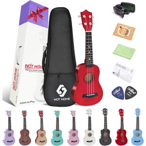 NOT HOME Soprano Ukulele Beginner Pack, 21 Inch Basswood kids Ukuleles Starter Kit with Gig Bag Spare Strings Tuner and Picks. (red)