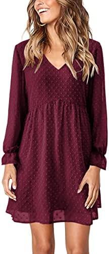 KIRUNDO Womens Dresses 2024 Spring Summer Long Sleeve Mini Dress V Neck Flowy Casual Swiss Dot Loose Babydoll Dress S