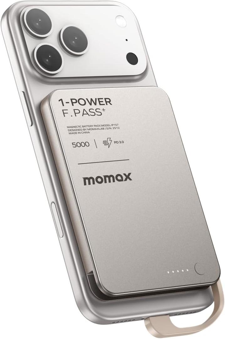 MOMAX 0.3" Slim Portable Charger with Built in Cable USB C Battery Pack (No Wireless) 5000mAh, PD 20W Fast Charging Power Bank for iPhone 17/16/15, Samsung Galaxy, Google Pixel, Android, iPad, AirPods