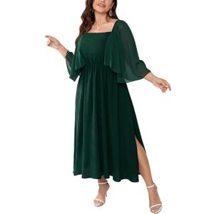 Womens Plus Size Cocktail Party Dress Square Neck Flutter Sleeve Split Elegant Formal Flowy A Line Maxi Dresses