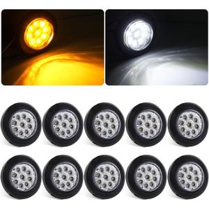 10Pcs Dual Revolution 2" Inch Round Led Marker Lights 9 LED Amber/White, Amber Side Marker Clearance Lights to White Auxiliary Lights Sealed for Trailer Truck, Clear Lens, IP67 Waterproof