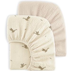 Bearmoss Muslin Crib Sheets - 100% Cotton Baby Crib Sheets Fitted for Standard Crib Mattress & Toddler Bed Mattress 52"x28" Soft Breathable Crib Sheet Neutral for Boys Girls - 2 Pack (Goose White)