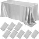 Lounsweer 8 Packs Satin Tablecloth 102 x 58 Inches Rectangle Table Cover Silk Smooth Fabric Party Table Cloth for Rectangle Parties, Holiday Dinner Wedding Banquet Decoration(Silver)