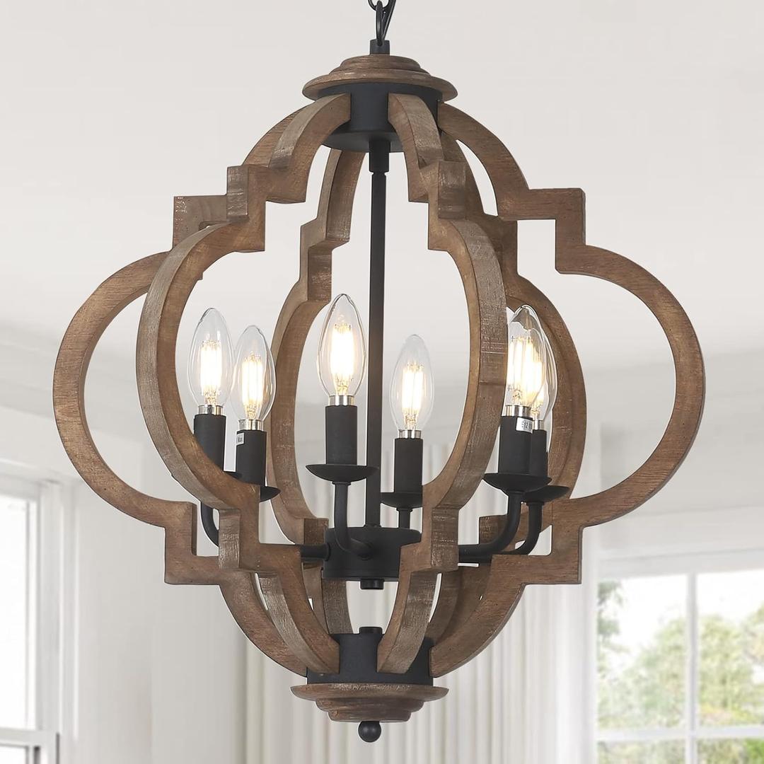 Farmhouse Chandeliers for Dining Room, 6-Light Rustic Dining Room Light Fixture Over Table, Wood Black Hanging Pendant Lights Kitchen Island, Boho Chandelier for Bedrooms Entryway Living Room (Brown)