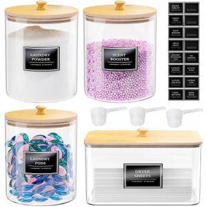 3+1 Pack Glass Laundry Pods Container & Acrylic Dryer Sheet Holder, Clear Laundry Room Organization Containers with Bamboo Lids & Labels, Powder Laundry Detergent Container for Scent Booster, Powder