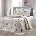 GrandLinen 3-Piece Fine Printed Oversize (100" X 95") Quilt Set Reversible Bedspread Coverlet Queen Size Bed Cover (Taupe, Brown, White Tulip Floral)