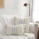 decorUhome Summer Decorative Boho Throw Pillow Cover 18x18, Accent Neutral Textured Tufted Pillow Cover Striped for Couch Bed Sofa, Beige and Cream White, Pack of 1