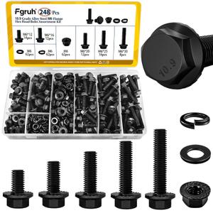 248PCS M6 Flange Hex Bolt Assortment Kit,M6-1.0 x 12/16/20/25/30 mm Metric Bolts and Serrated Flange Nuts Washers Assorted,10.9 Black Zinc Galvanized
