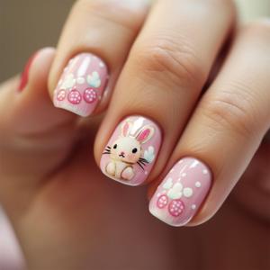 MIXFOSAHN Easter Press on Nails Short Square Fake Nails Nude Pink False Nails with Grid Flowers Designs Rabbit Glossy Stick on Nails Glue on Nails Easter Nails Acrylic Nails for Women Girls 24 Pcs