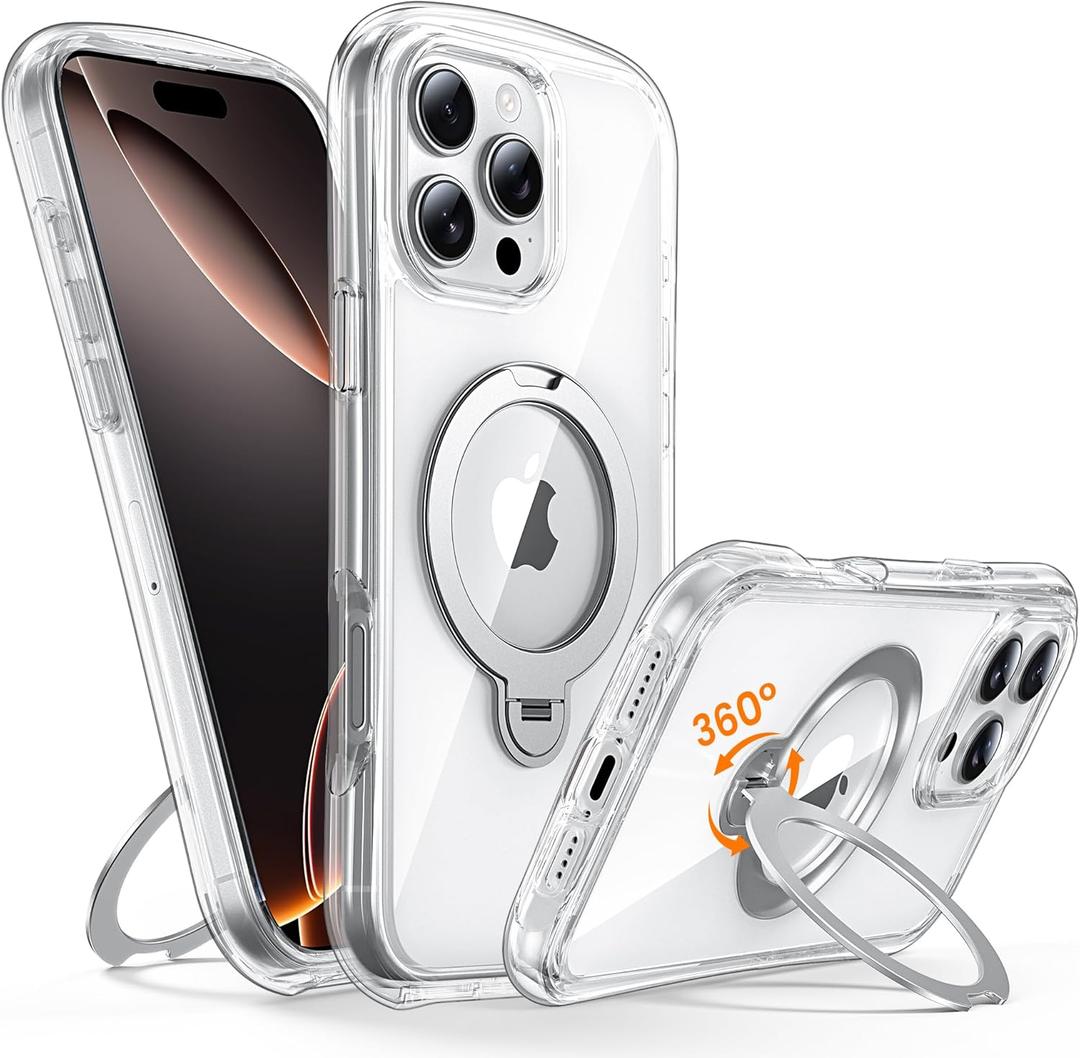 Magnetic for iPhone 16 Pro Case with Stand [Compatible with MagSafe][360 Rotatable Ring Holder Kickstand][Military Grade Protection] Airbag Shockproof Case for i Phone 16Pro 6.3 Inch, Clear