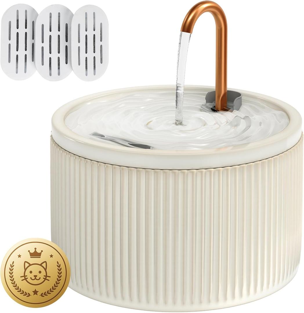 DOOOB Ceramic Cat Water Fountain, 2.1L/71oz Ceramic Cat Fountains, Automatic Pet Water Fountain for Cats, Pet Water Fountain with Ultra-Quiet Pump and 3 Filters & 3 Sponges (Beige)