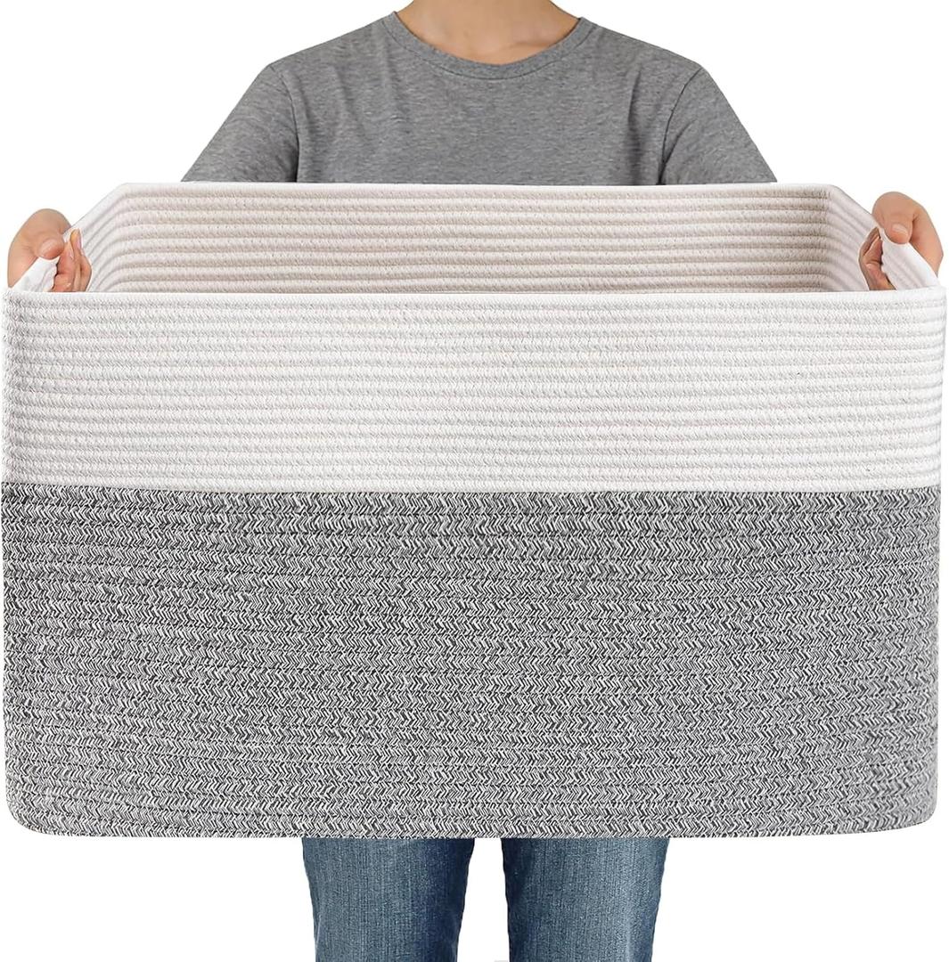 JMvicyroam Woven Blanket Basket,65L Large Storage Bin for Blankets Toys Clothes,Decorative Rope Basket for Living Room Bedroom with Handles, White&Grey