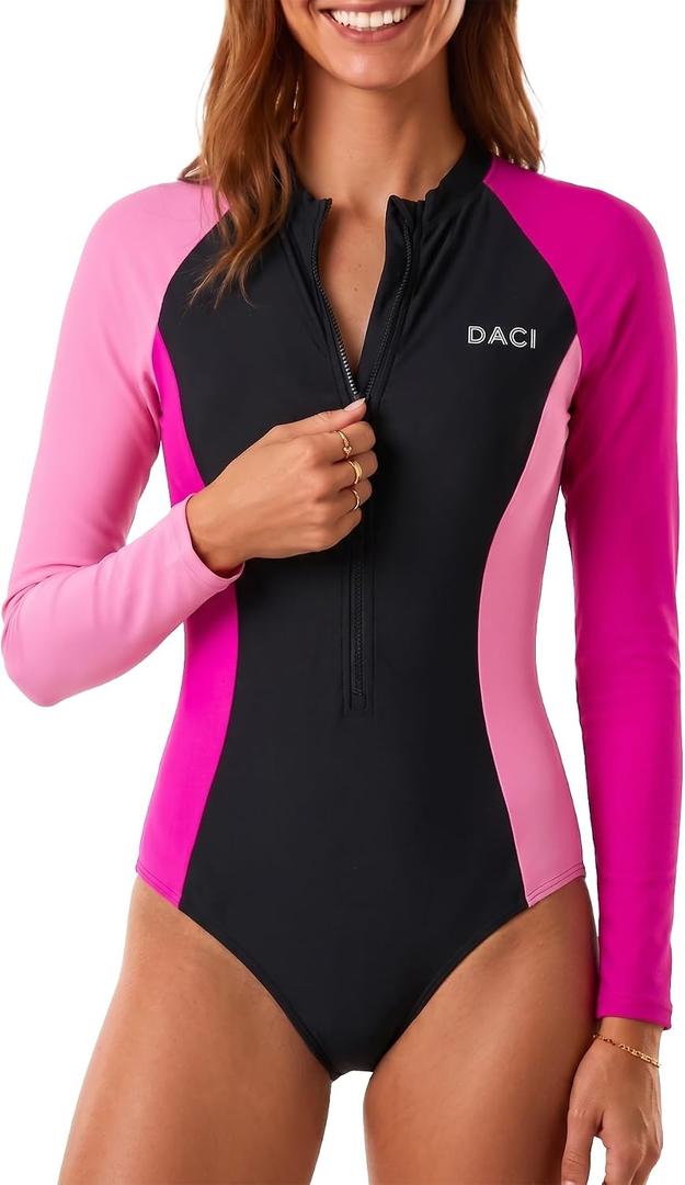 Daci Women Long Sleeve Rash Guard One Piece Zipper Swimsuit Surfing Bathing Suit UPF 50 (Black, XXXL)