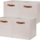 HNZIGE Foldable Storage Cubes Bins for Organizing, Set of 4, Fabric Cube Canvas Storage Bins 11 x11, Collapsible Bins for Organization with Handles for Shelf Nursery (Cream)