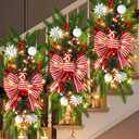Lyrow 2 Pack Christmas Artificial Swags 24" Xmas The Cordless Prelit Stairway Swag Teardrop Trim Wreath Door Stair Garland Christmas Wreath for Outdoor Home Garden Decor (Red White Ribbon)