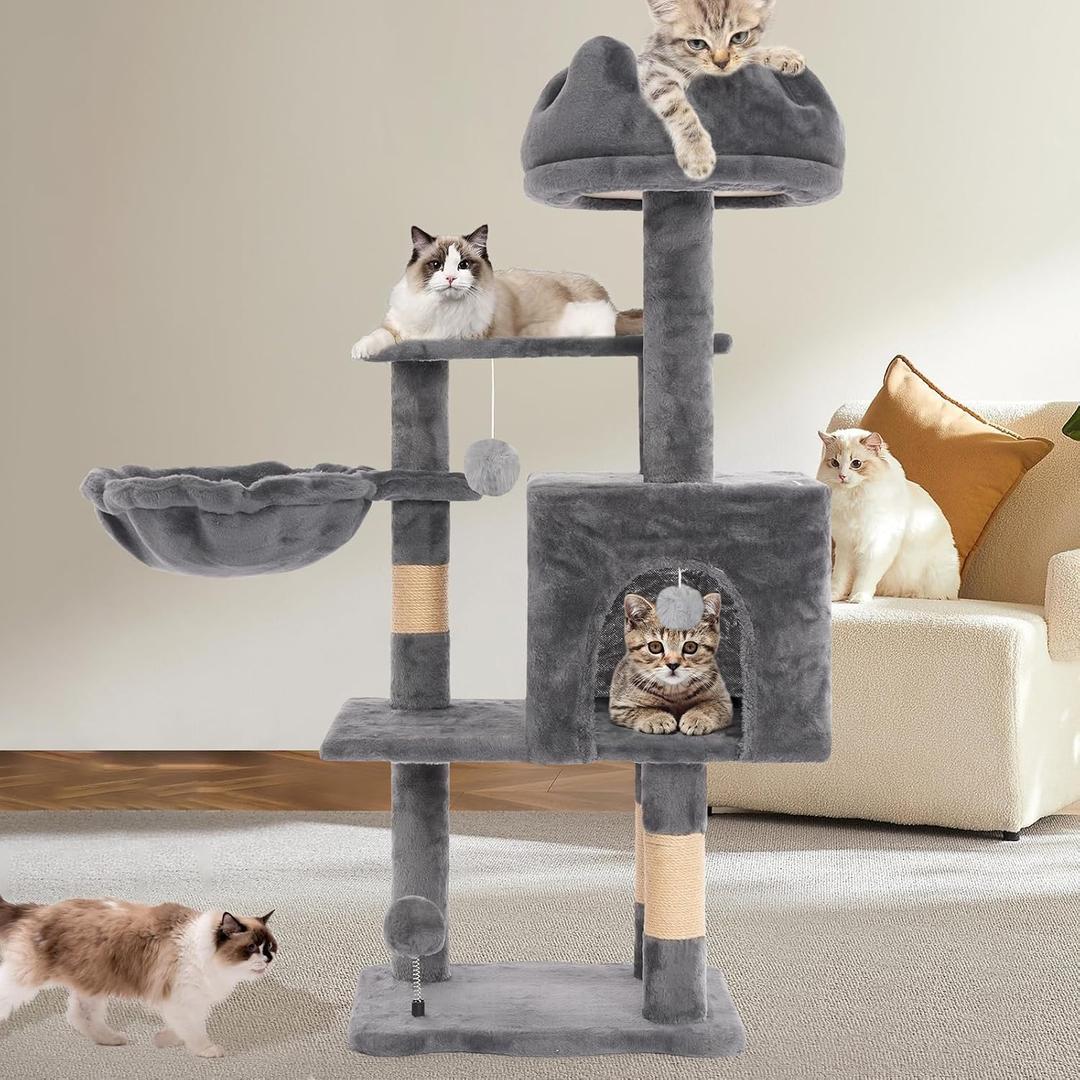 Cat Tree Tower with Metal Frame Hammock, 40'' Cat Trees for Indoor Cats Large Adult, Cat Towers with Scratching Post, Cats Condo Furniture with Cloud Top Perch, Cats Climbing Tower for Kittens(Grey)
