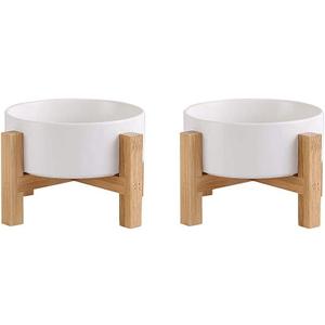 Raised Ceramic Cat Bowl Set - Cat Food and Water Bowls with Bamboo Stand - Elevated Double Dog Dishes for Puppies - Set of 2