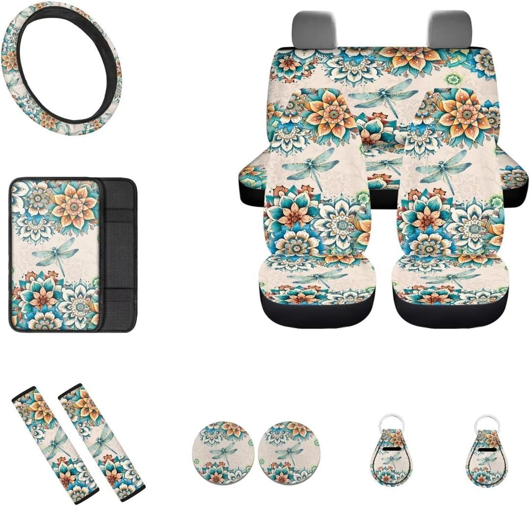 Bohemian Dragonfly Car Seat Covers Full Set 12Pcs Universal Fit Front and Split Bench Rear+Steering Wheel Cover+Seatbelt+Key+Center Console Armrest Pads for Cars,Boho Car Accessory