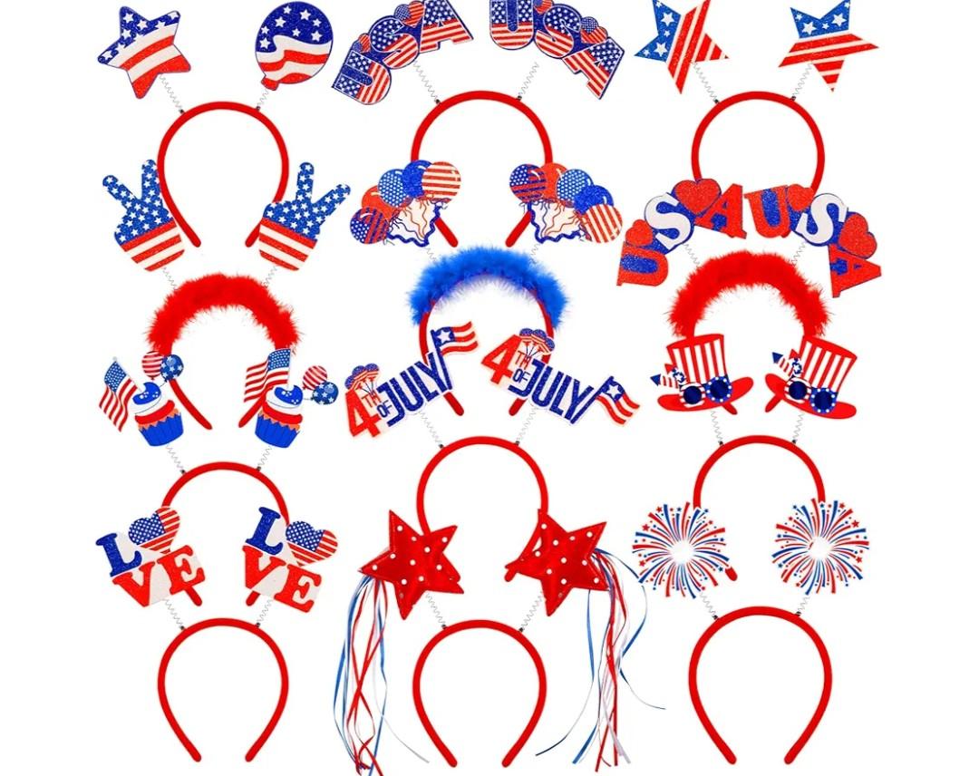 20Pcs 4th of July Headband Patriotic Headbands Star Uncle Sam Hat Balloons Headband for Women Girls American Flag Independence Day Party Favors Fourth of July Party Accessories