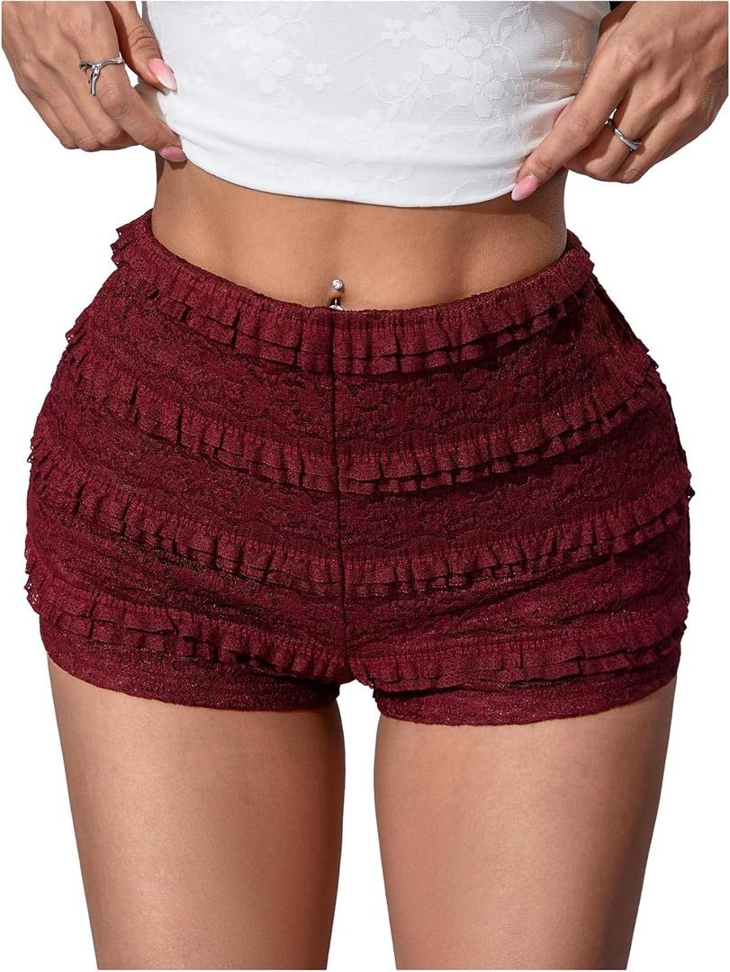 SOLY HUX Women's Micro Ruffle Shorts Lace Bloomers Y2k Low Rise Layered Mini Shorts S