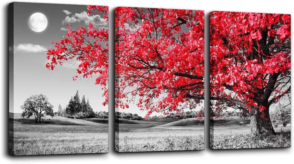 Canvas Wall Art For Living Room Black And White Red Tree Moon Landscape Painting Bedroom Wall Decor 12" X 16" 3 Pieces Ready To Hang For Decorations Bathroom Works Office Family Kitchen Prints Pictures