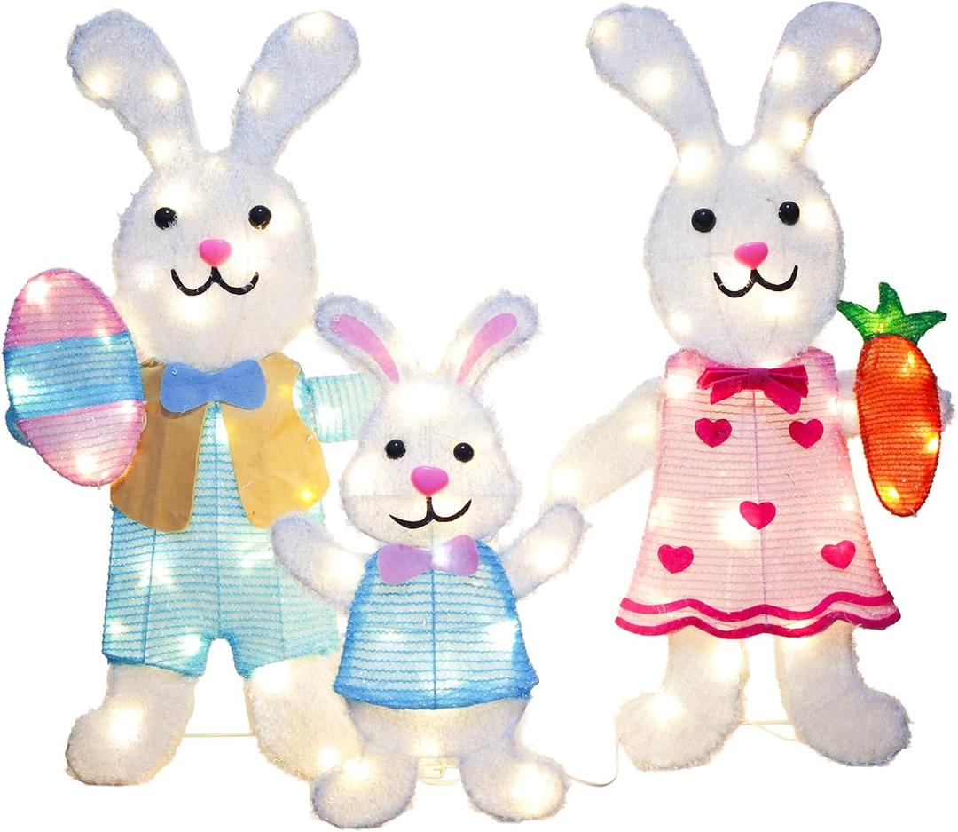 3 Pcs Outdoor Easter Decorations Lighted Bunny with 75 LEDs Warm White Lights, Easy Assembly 2D Easter Decor for Outdoor, Garden, Lawn, Patio (FHJ-Tuzi-D04-T4)