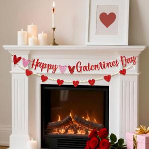 Red Glittery Happy Galentines Day Banner and Red Pink Glittery Heart Garland Banner Romantic Decorations for Galentines Valentines Day Anniversary Decorations Supplies