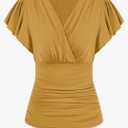 GRACE KARIN 2025 Womens Tops Summer Wrap Blouse V Neck Ruffle Sleeve Dressy Casual Top Ruched Trendy Clothes, Mustard Yellow, M