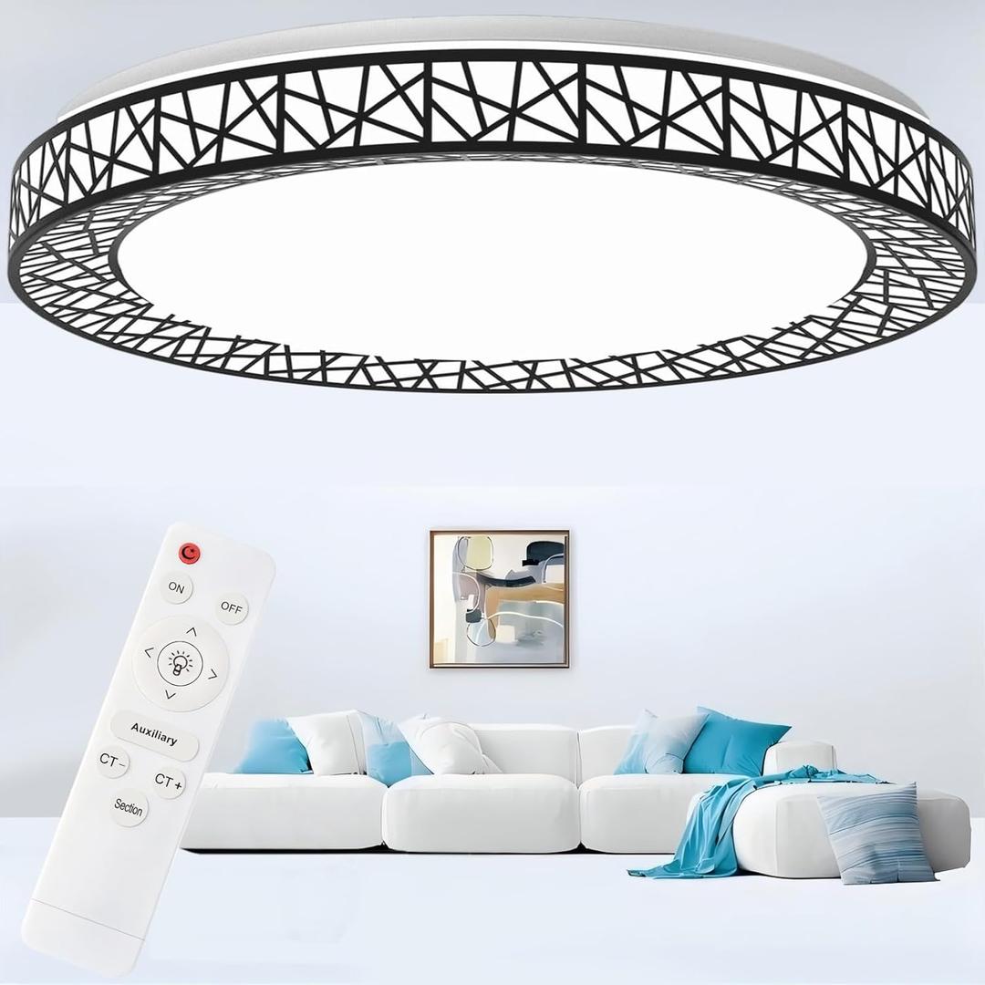 24 Inch Flush Mount Ceiling Light, Dimmable Ceiling Lights with Remote, 48W 4800LM 3000-6000K Adjustable, Modern Brushed Nickel LED Ceiling Light Fixture for Bedroom, Kitchen, Black