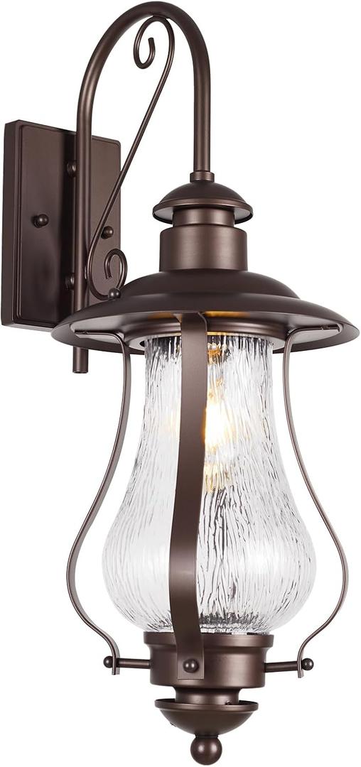 Treekee Outdoor Wall Light Fixture, Vintage Wall Exterior Lantern with E26 Socket & Wood Grain Glass, Matte Brown Rustic Wall Sconce Farmhouse Porch Lamp for Patio, Garage, Yard, Front Door