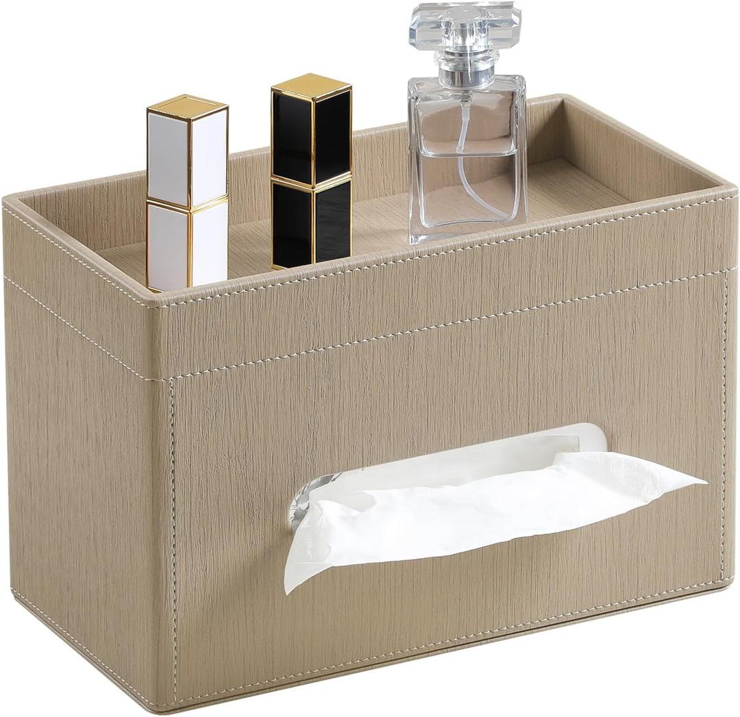 Plus Size Tissue Box Cover Rectangle, PU Leather Tissue Box Holder with Storage Tray, Decorative Organizer Tissue Holder for Bathroom, Bedroom Dresser, Night Stand, Office (Wooden Color)