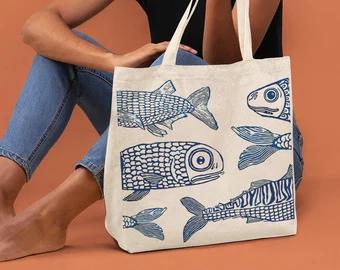 Beach Tote Bag, Summer Tote Bag for Women, Summer Reusable Grocery Bags Shopping Bags (Sardines)