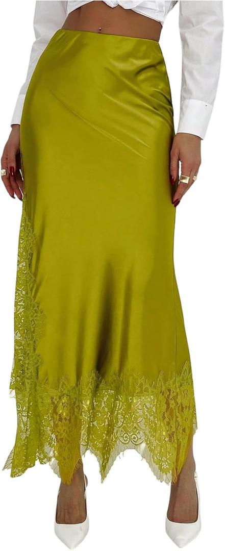 SOLY HUX Women's Satin Lace Maxi Skirt Low Rise Fishtail Bodycon Going Out Party Long Skirts (Large, Mustard Yellow)