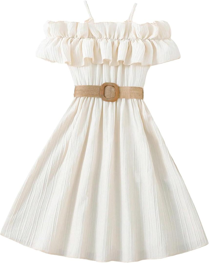 Floerns Girls Cold Shoulder Ruffle Trim Short Sleeve Belted A Line Midi Dress Apricot 11-12Y