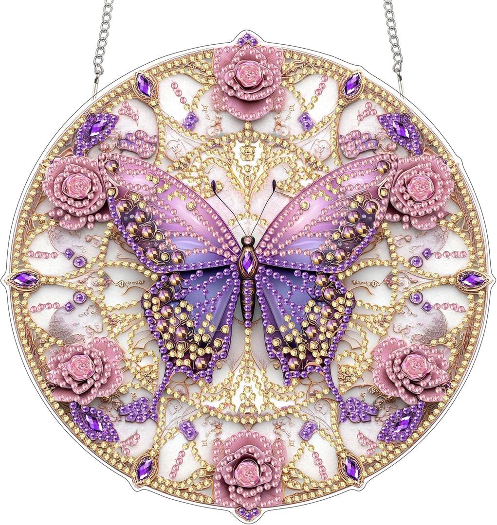 SKRYUIE Hanging Diamond Art Kits for Adults Pendant Butterfly, Special Shaped Crystal DIY Diamond Painting Kit, Acrylic Board Wreath Pendants Double Sided, Home Decor 7.48 x 7.32 Inch c8 (colorful-26)